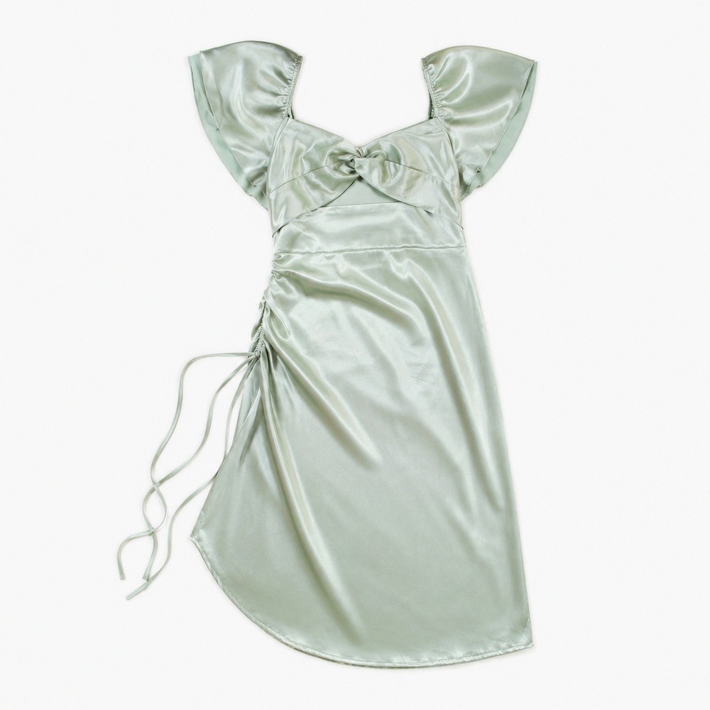 Cider Sage Green Satin Ruched Mini Dress Flutter Sleeve Cutout XL Party Silky